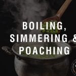 pot of cooking peas with thext "boiling, simmering, & poaching"