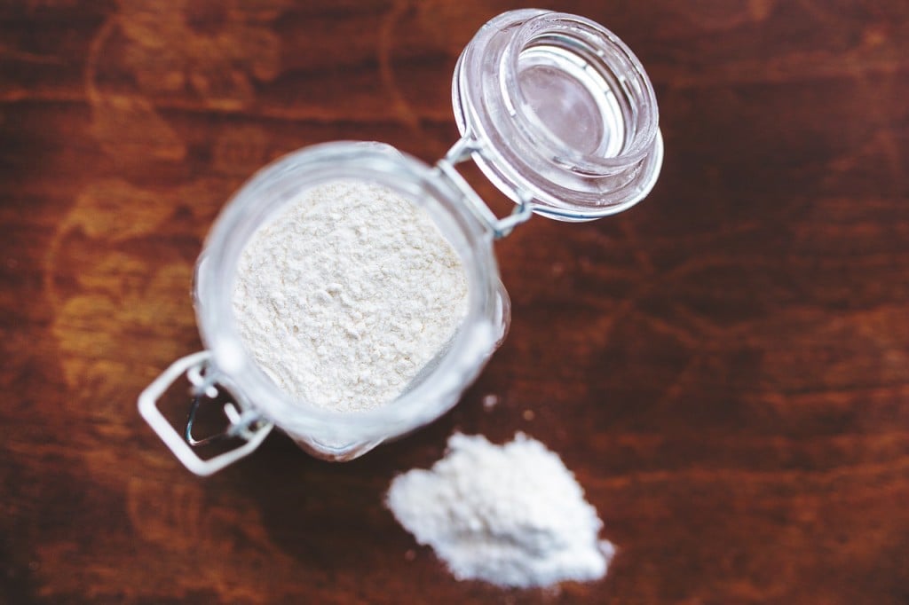 A overhead view into a canister of flour.