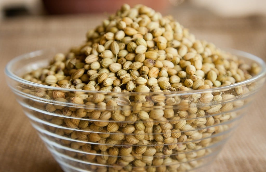 A clear bowl of whole coriander.