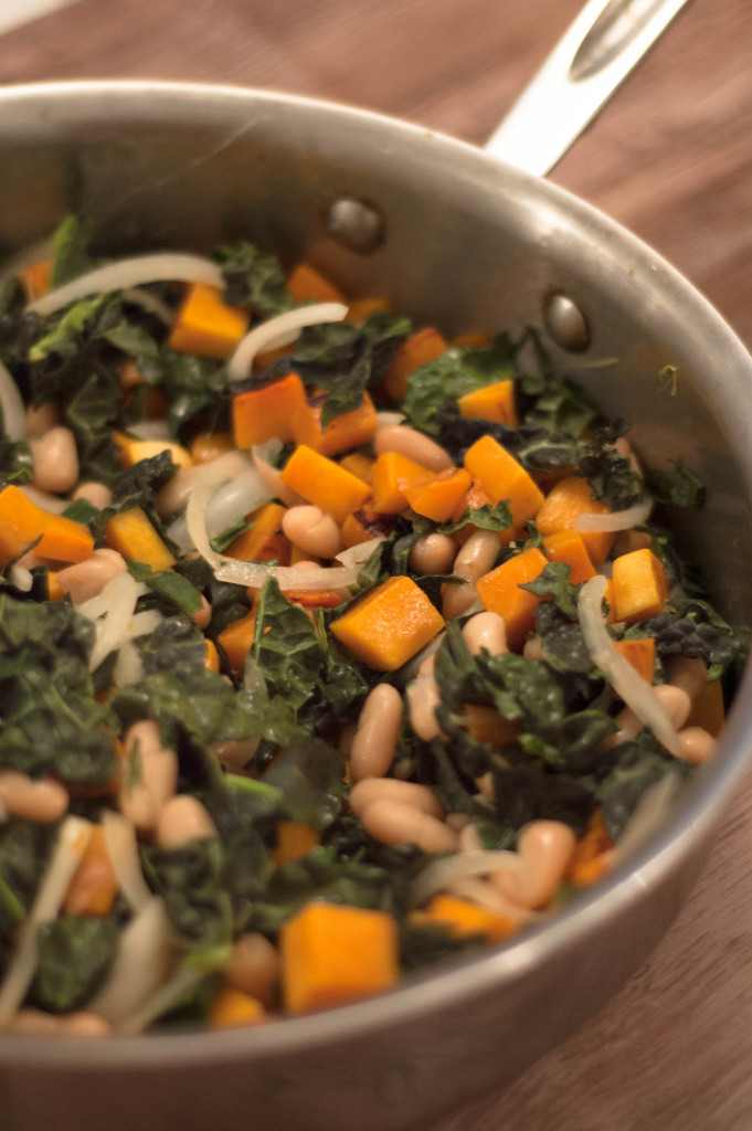 A skillet with pumpkin taco filling.