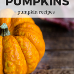 Half of a pumpkin next to dry autumn leaves and "How To Roast Pumpkins + pumpkin recipes" text