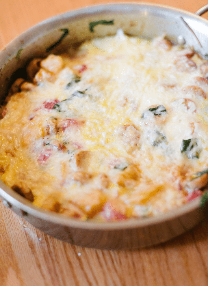 Overhead view of a cheese crusted pumpkin egg casserole