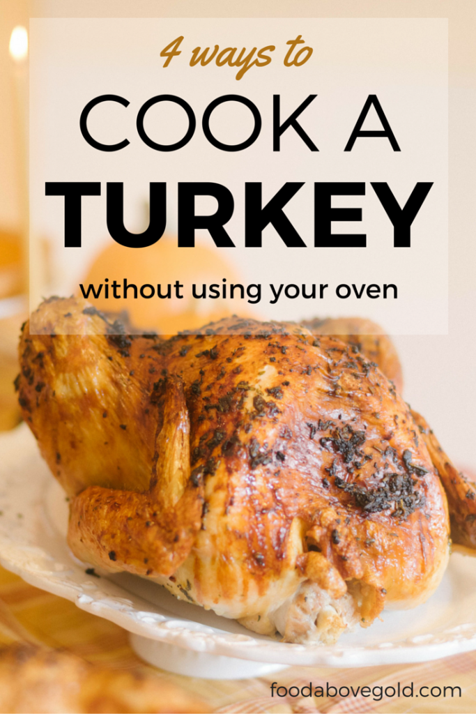 A roasted herb turkey on a white platter.  A white overlay says "4 ways to cook a turkey"