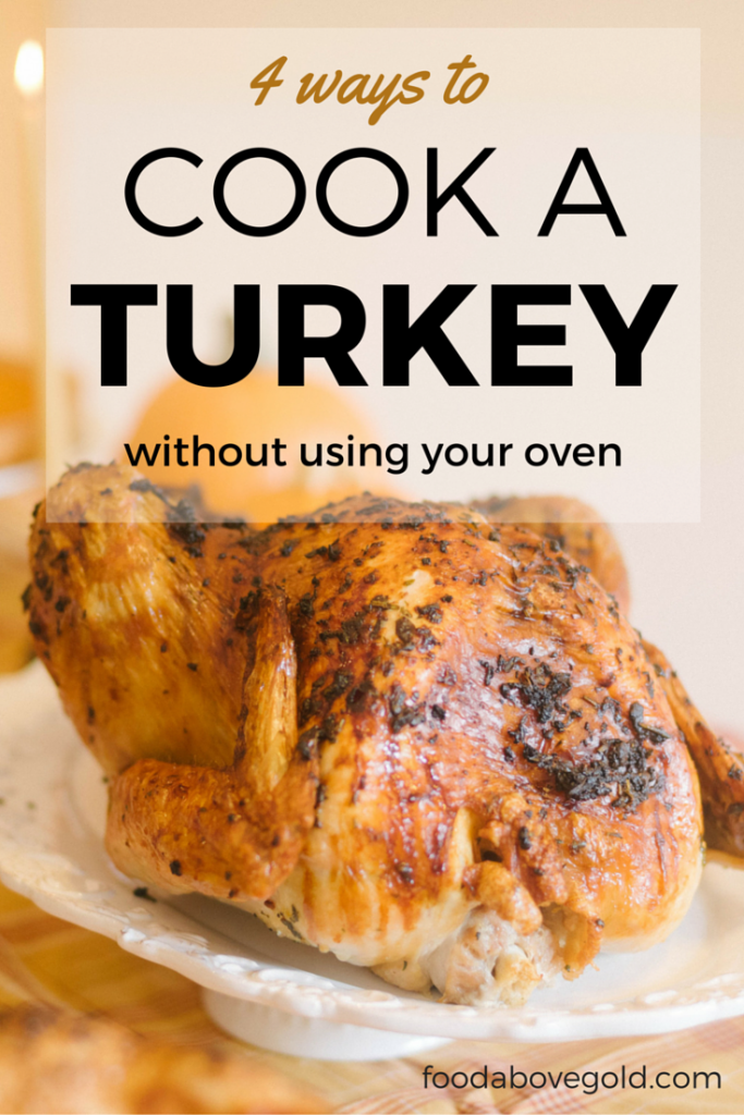 A roasted herb turkey on a white platter. A white overlay says "4 ways to cook a turkey"