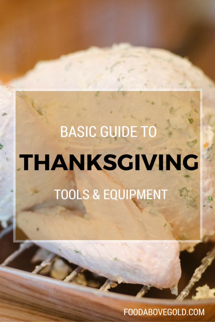 A raw uncooked turkey rubbed with butter with a brown overlay saying 'basic guide to thanksgiving tools and equipment."