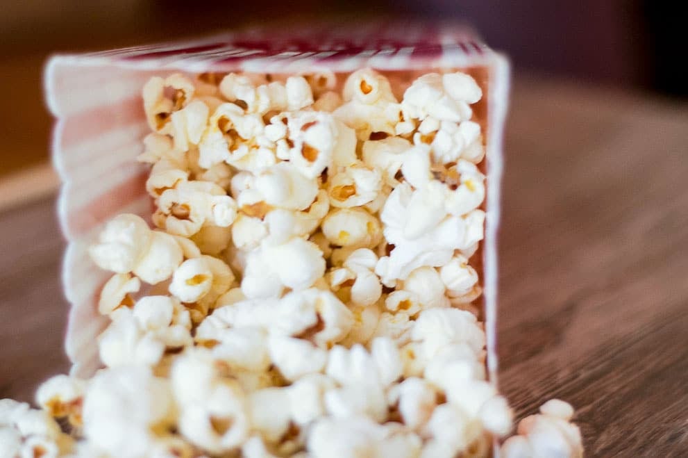 close up of popped popcorn kernels