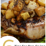 A pan fried pork chop with chopped apples on top.