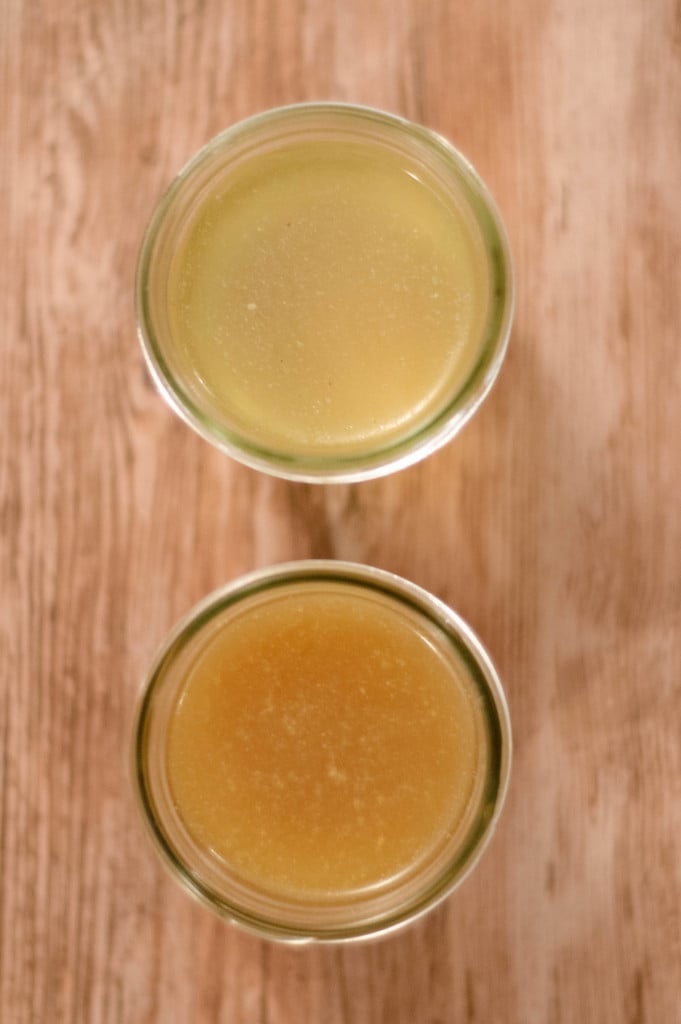 Overhead view comparing the color of chicken stock and chicken broth.