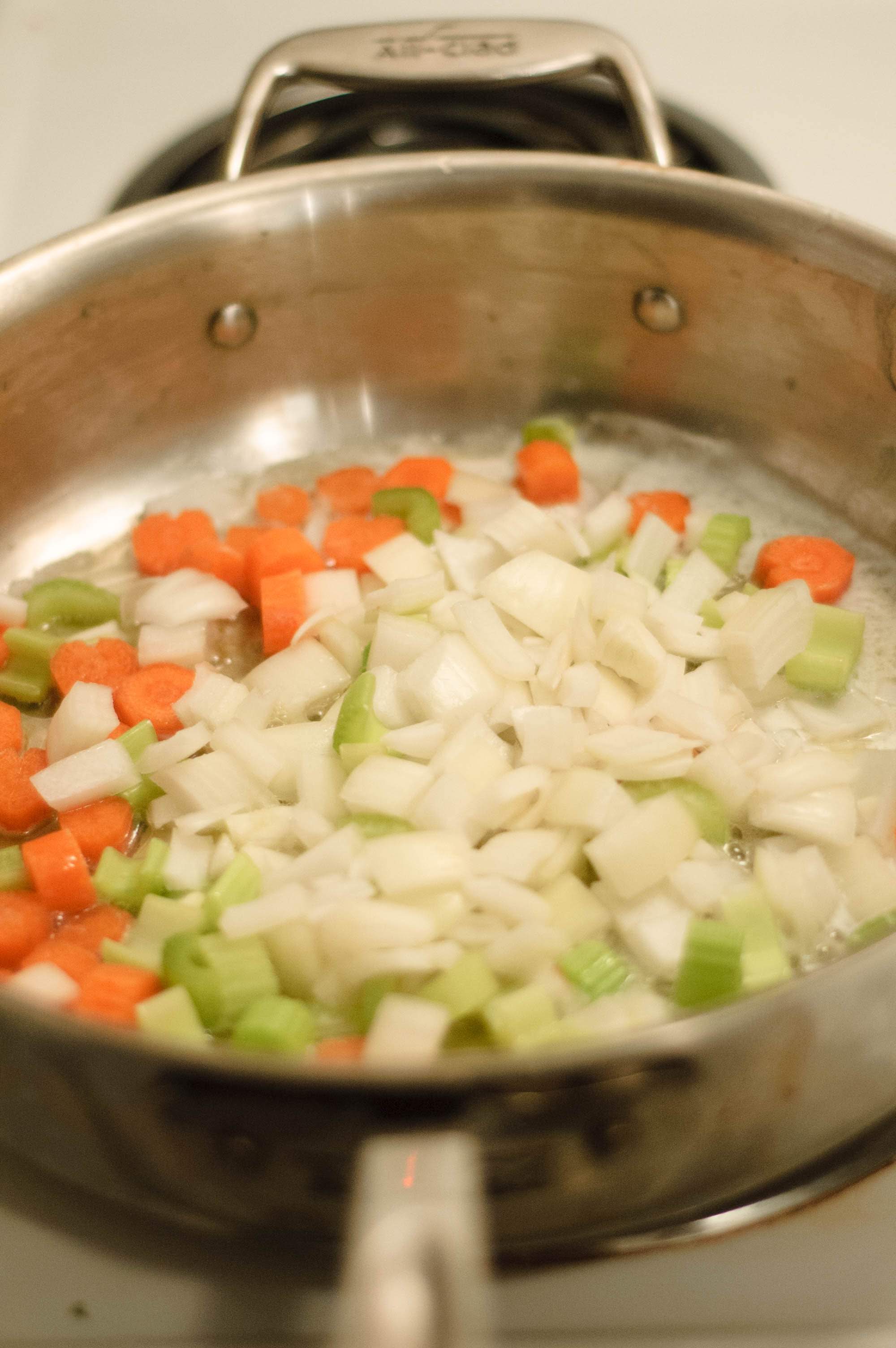 Mirepoix in the bottom of a sauce pan.