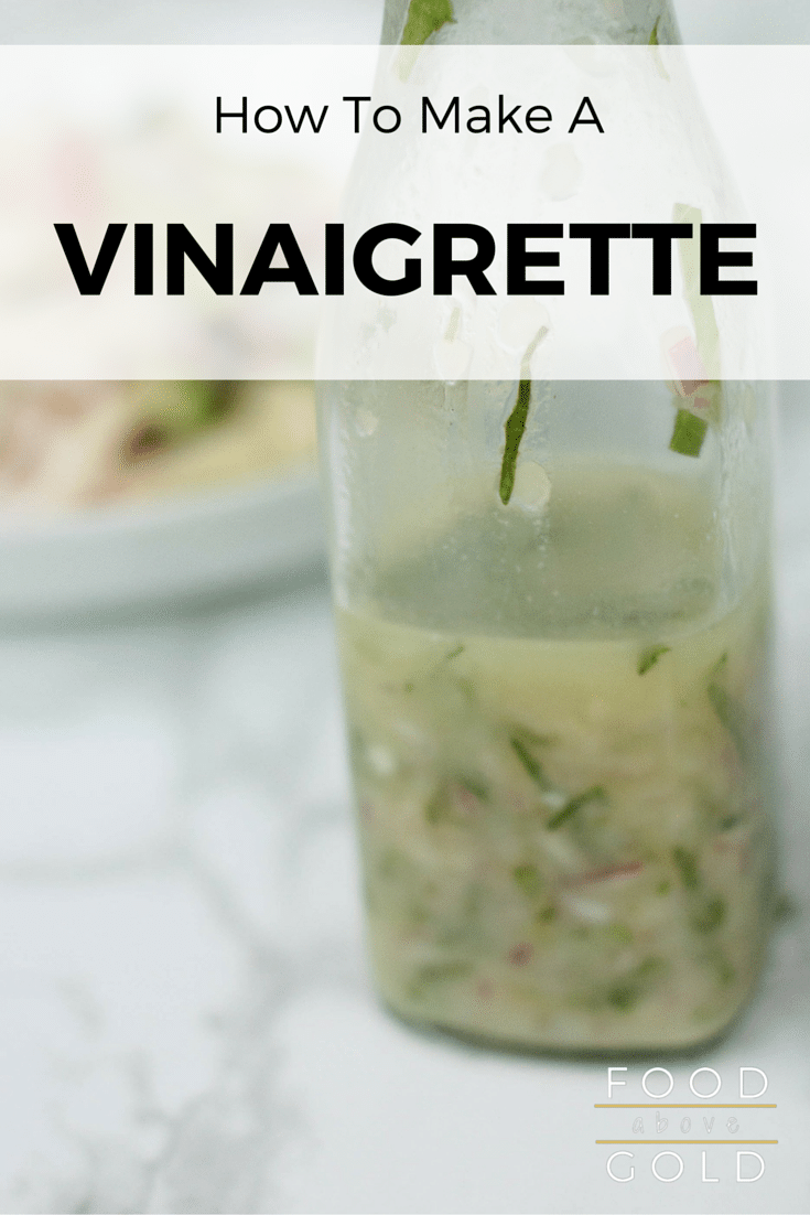 A container of vinaigrette with text overlay saying "how to make vinaigrette."