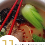 A bowl of pho with text overlay saying "11 tips to improve your stock."