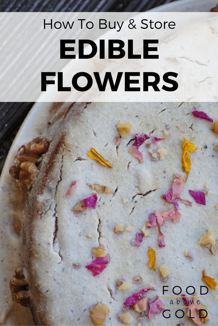 A cake decorated with edible flowers.  Text says "how to buy and store edible flowers."