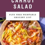 A wooden bowl of shaved rainbow carrot salad. Recipe title above it is on a purple background.