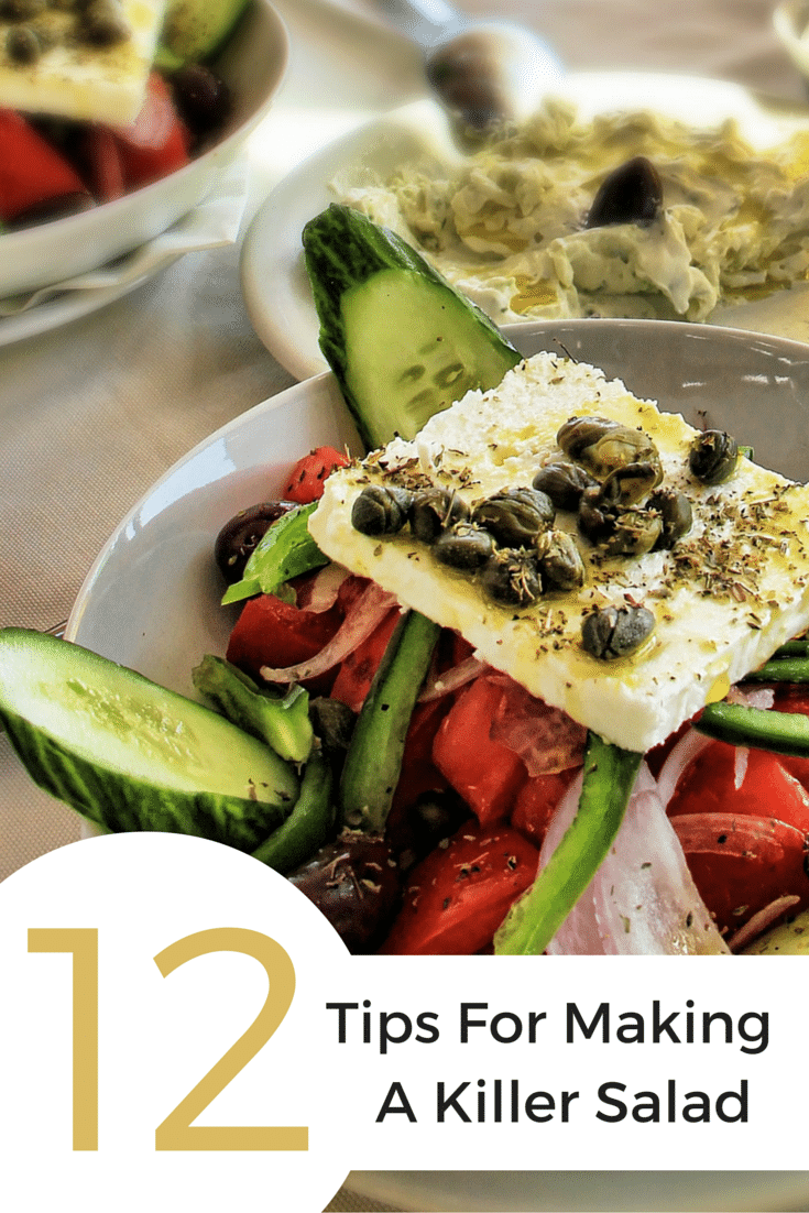 A salad with text overlay saying "12 tips for a killer salad"