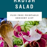 A mixed up watermelon radish salad with title text above it.