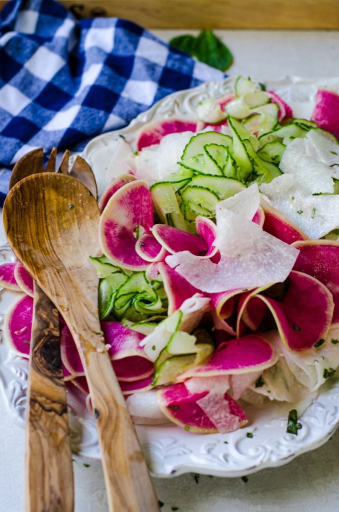 A tossed watermelon radish salad.