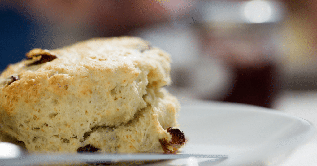 a layered biscuit with dried fruit in it.