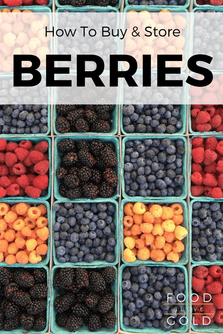 Different berry boxes of varying fresh berries with text saying "how to buy and store berries."