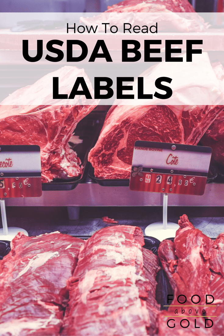 Different cuts of meat on trays at the butcher with text saying "how to understand USDA beef labels.