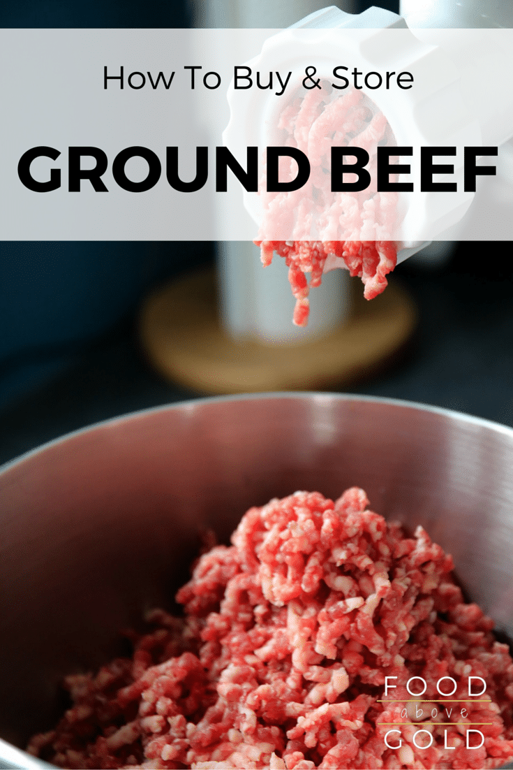 Ground beef being churned out by a meat grinder with text saying "how to buy and store ground beef."