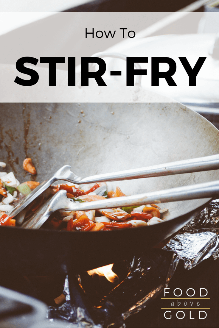 A wok cooking stir fry with text saying "how to stir fry"