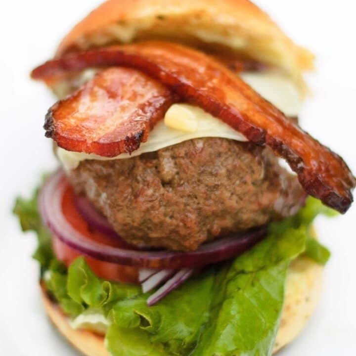 close up view of the thick cut bacon on the wasabi burger