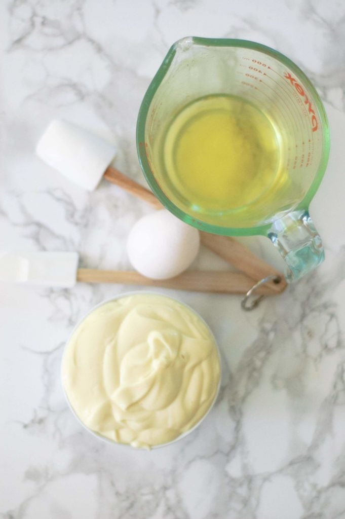 overhead view of ingredients for making mayonnaise.