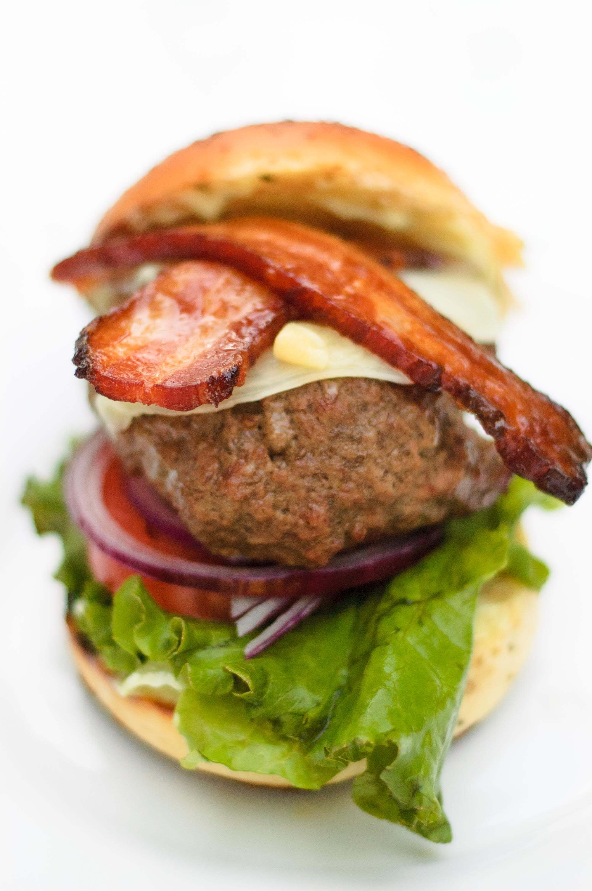 closeup of thick cut bacon on the wasabi burger