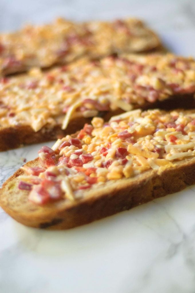 Pimento cheese on spread on sandwich bread.