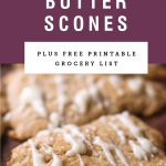 Brown butter glaze dripping off scones. Recipe title above it is on a purple background.