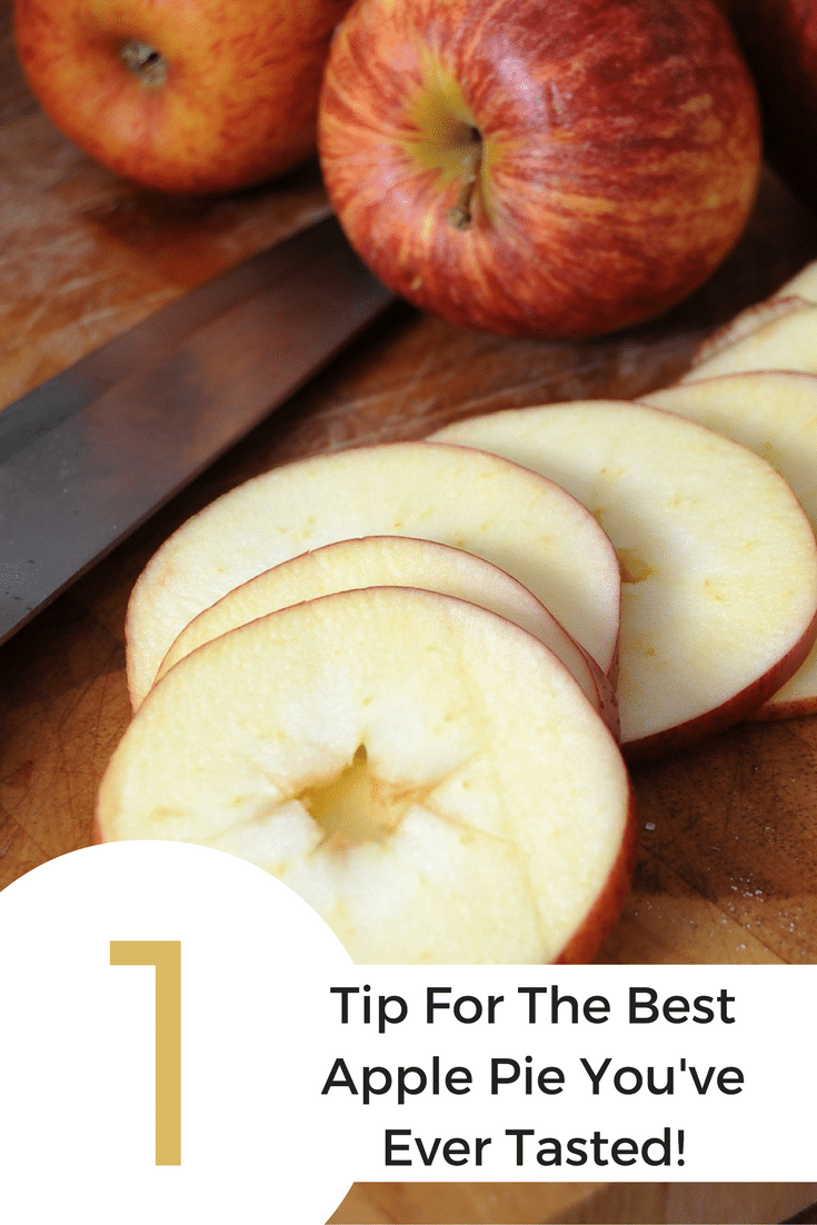 A knife next to whole and cut apples with text saying "#1 tip for the best apple pie you've ever tasted".