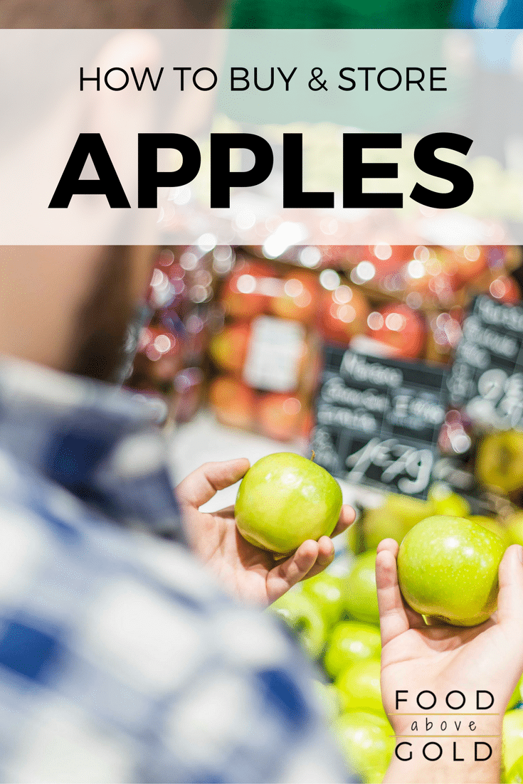 A personal judging two different apples to choose the right one. Text says "how to buy and store apples."