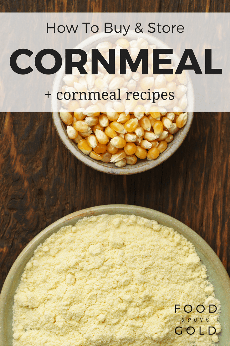 A bowl of corn kernels next to a bowl of cornmeal with text saying "how to buy and store cornmeal."