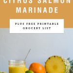 a jar of salmon marinade under title text "pineapple and citrus salmon marinade"