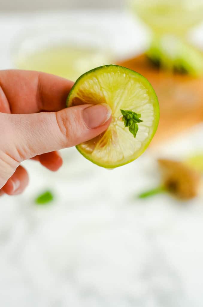 A hand holding a garnish of a lime round speared with basil fo a basil ginger gimlet