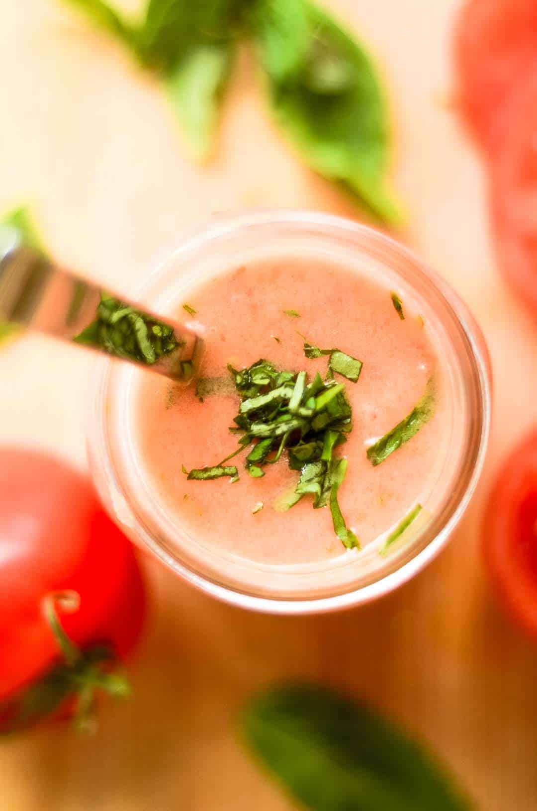 overhead view of mason jar of tomato basil marinade