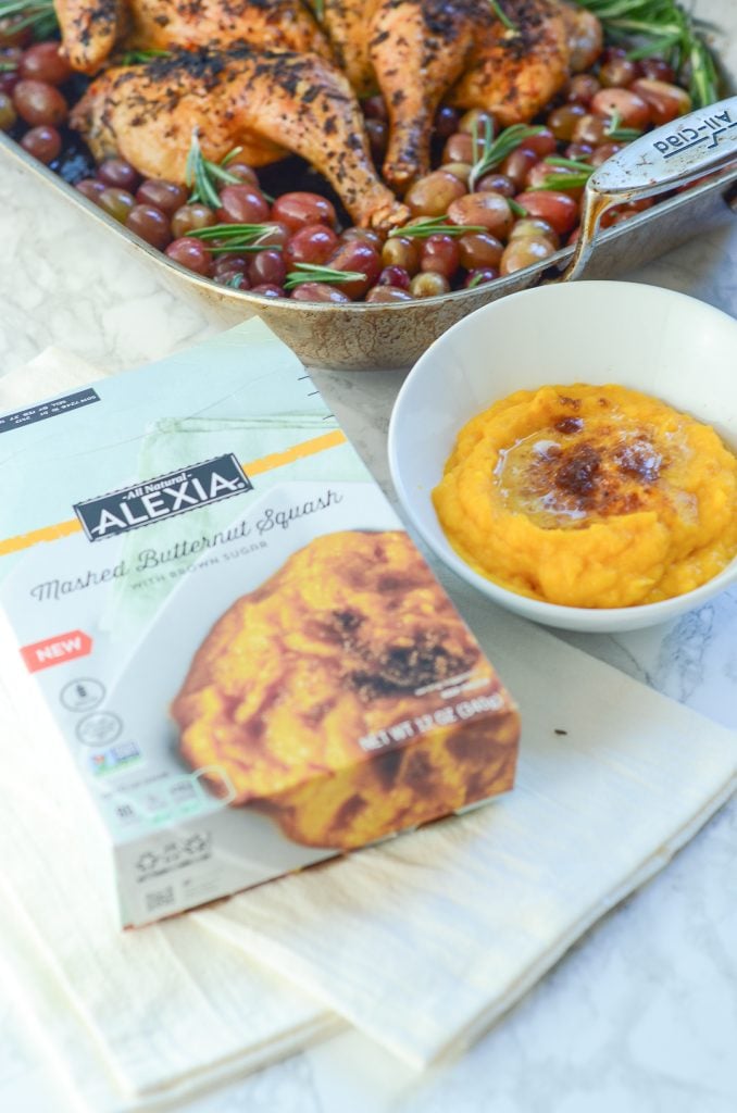 A box of alexia frozen butternut squash next to a bowl of it