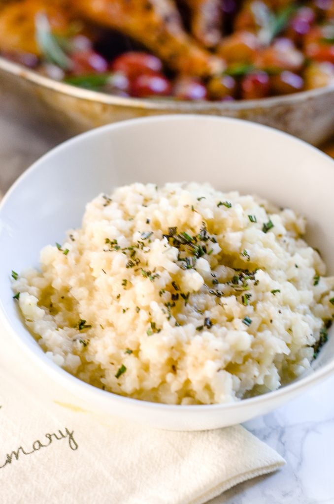 A bowl of Alexia frozen cauliflower risotoo