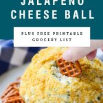 A hand dipping a pretzel into a jalapeno cheese ball with title text "Fire Roasted Jalapeno Cheese Ball"