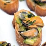 Close up of Crostini on a white tray