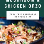 A cast iron pan of mushroom orzo with pan fried chicken thighs. Recipe title above it is on a green background.