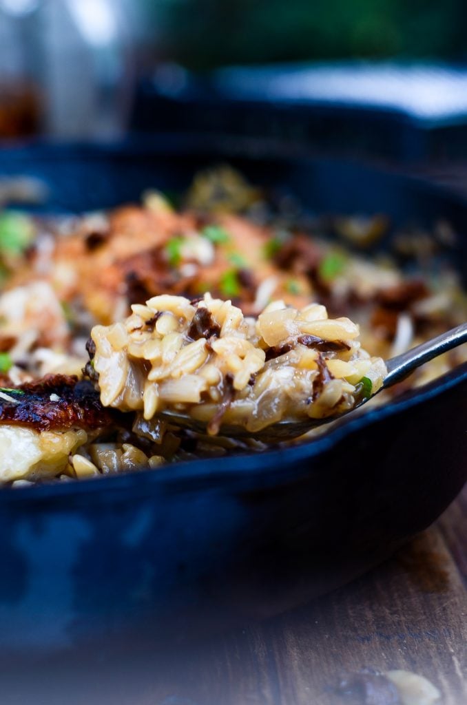 closeup of a fork of One Pan Chicken and Wild Mushroom Orzo
