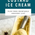 An ice cream scoop scooping homemade custard ice cream. Recipe title above it is on a blue background.