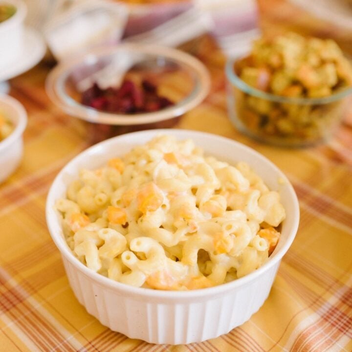 A bowl filled with creamy cheese macaroni