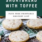 long image of shortbread cookies on cooling rack with title "Brown butter shortbread with toffee" on a green background