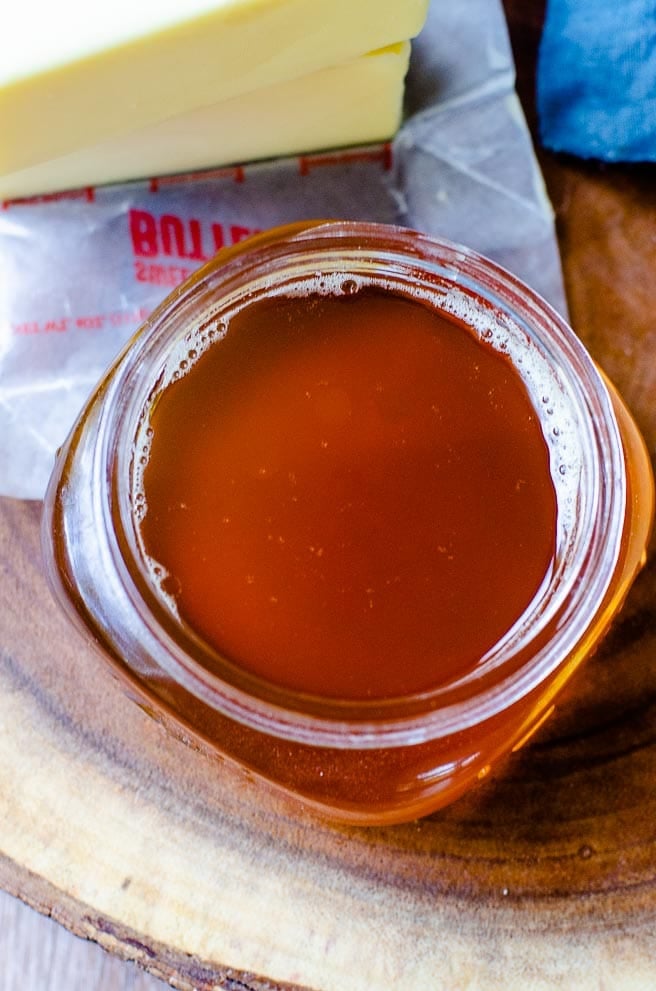 overhead image of a jar of clarified brown butter