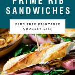 Three prime rib sandwiches on baguettes. Recipe title above it is on a blue background.