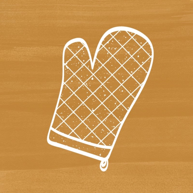 mustard yellow background with white icon of an oven mitt