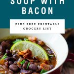 Title Text "Black Bean Soup With Bacon" over an image of soup in a red mug