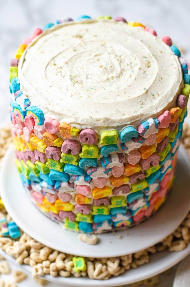 lucky charms cake with crumbled cereal on top